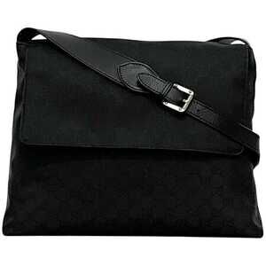 Gucci Shoulder Bag Black GG Leather Messenger Crossbody Flap Logo All over